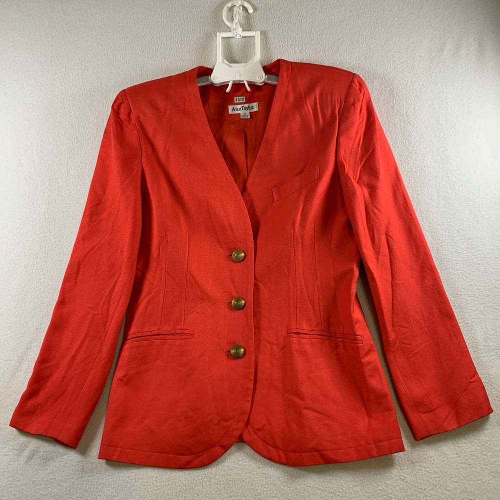 Vintage Ann Taylor Blazer Women's 8 Red Collarless V-Neck 3-Button Front Jacket
